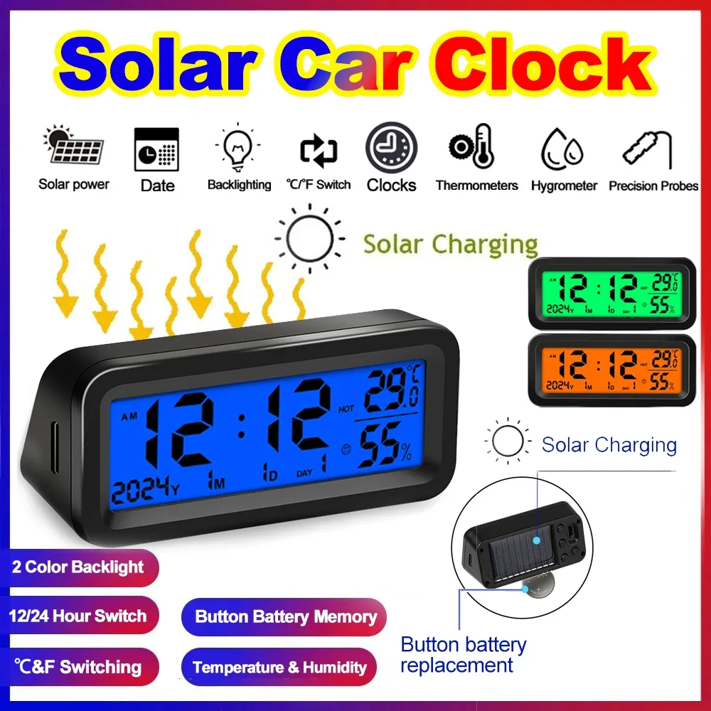 Solar Car Clock - Dashboard Thermometer and Hygrometer